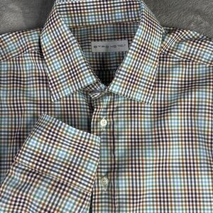 Etro Shirt Mens Medium Brown Blue Green Plaid Button Down Made in Italy Slim Fit